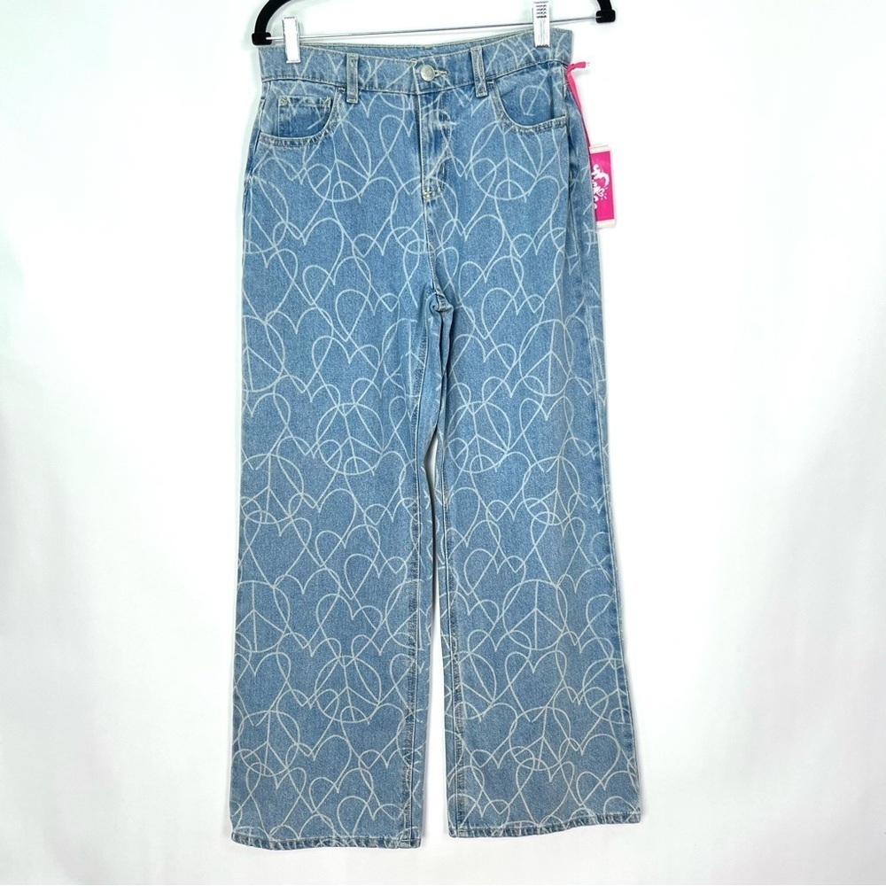 Girls Justice Wide Loose Leg Peace Heart Blue Jeans Sz 16 NWT